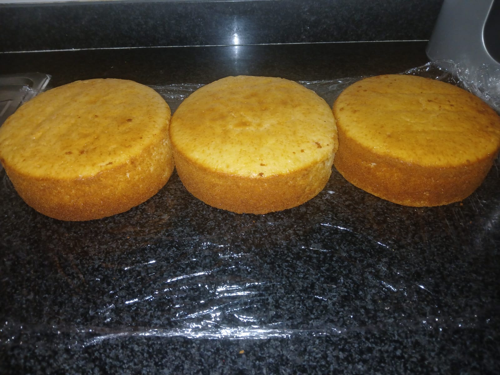 Freshly baked sponge layers in baking tins